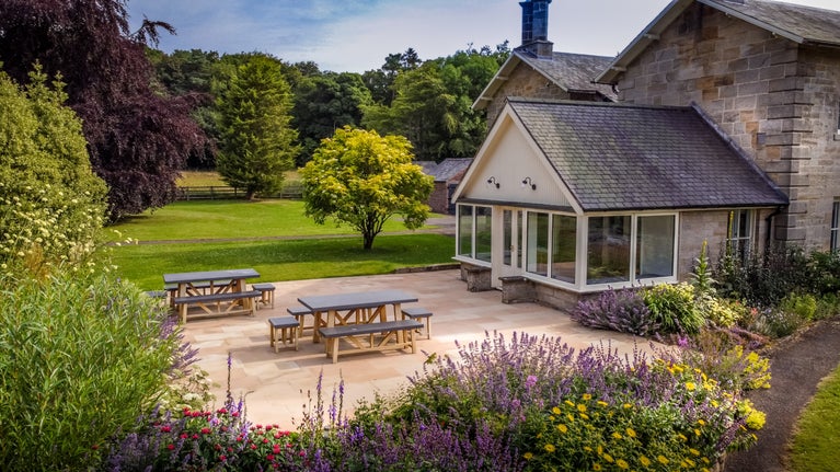 The outdoor seating area at Rothley Lakehouse, Northumberland